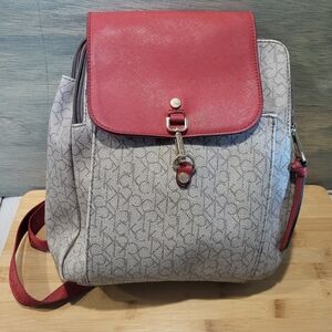 Calvin Klein CK Signature Backpack Bag in Khaki PVC and Red Saffiano Leather